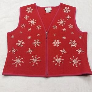 VISION APPAREL WOMEN'S 100% WOOL SNOWFLAKE EMBROIDERED ZIP FRONT VEST SIZE LARGE